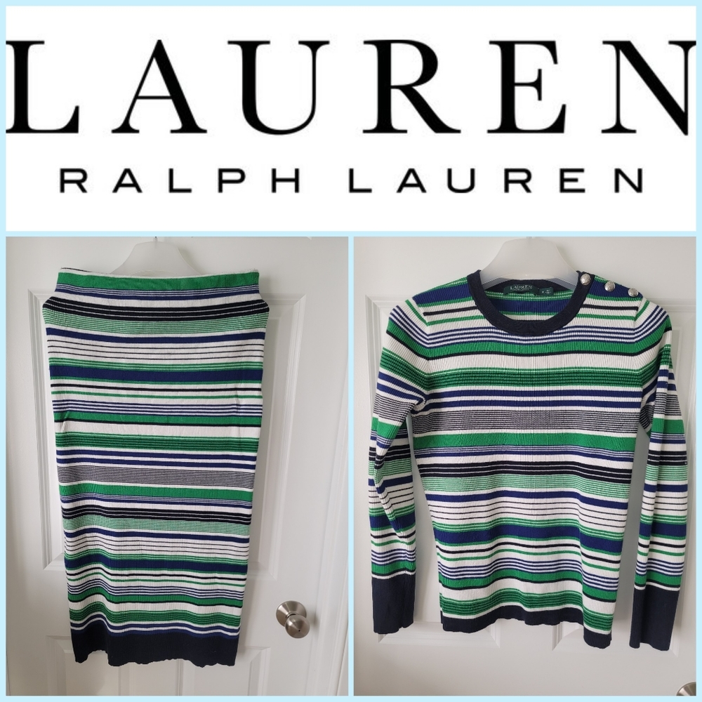 Ralph Lauren Women's Knit Striped long sleeve sweater and midi skirt